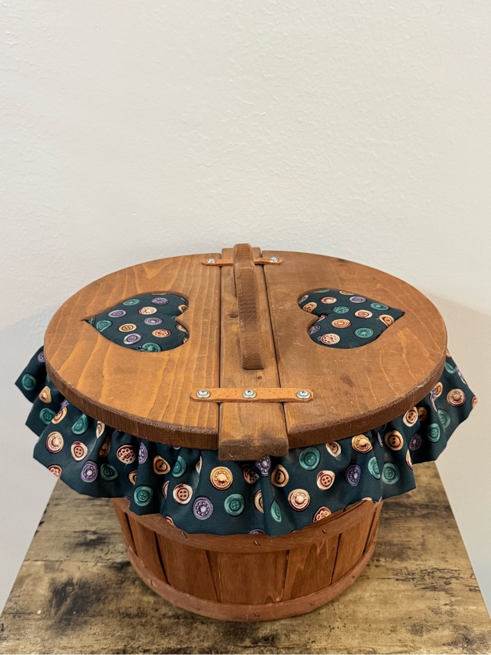 Vintage Wooden Sewing Basket with Button Print Fabric & Heart Cutouts - Picture 5 of 14